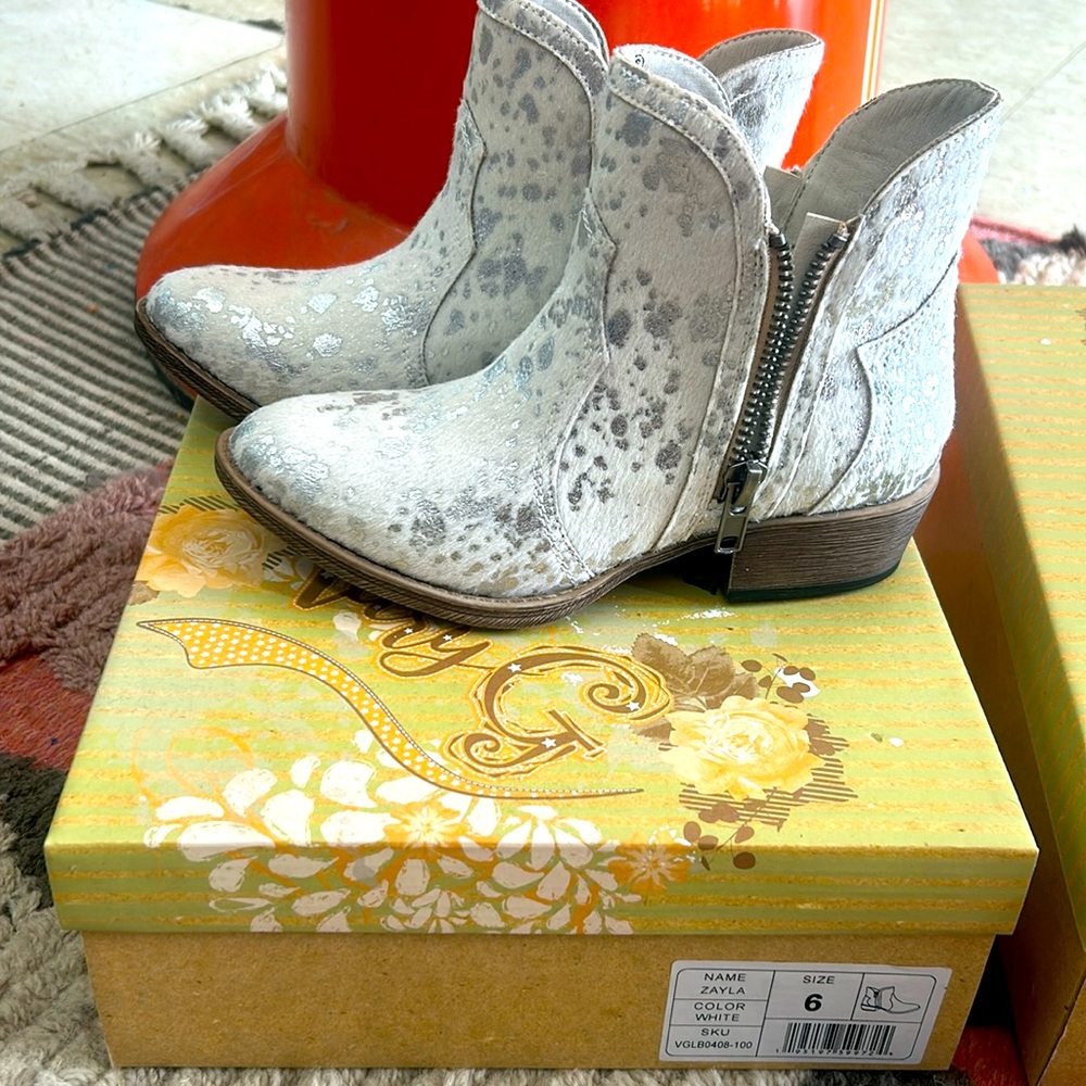 White silver foil cow print booties